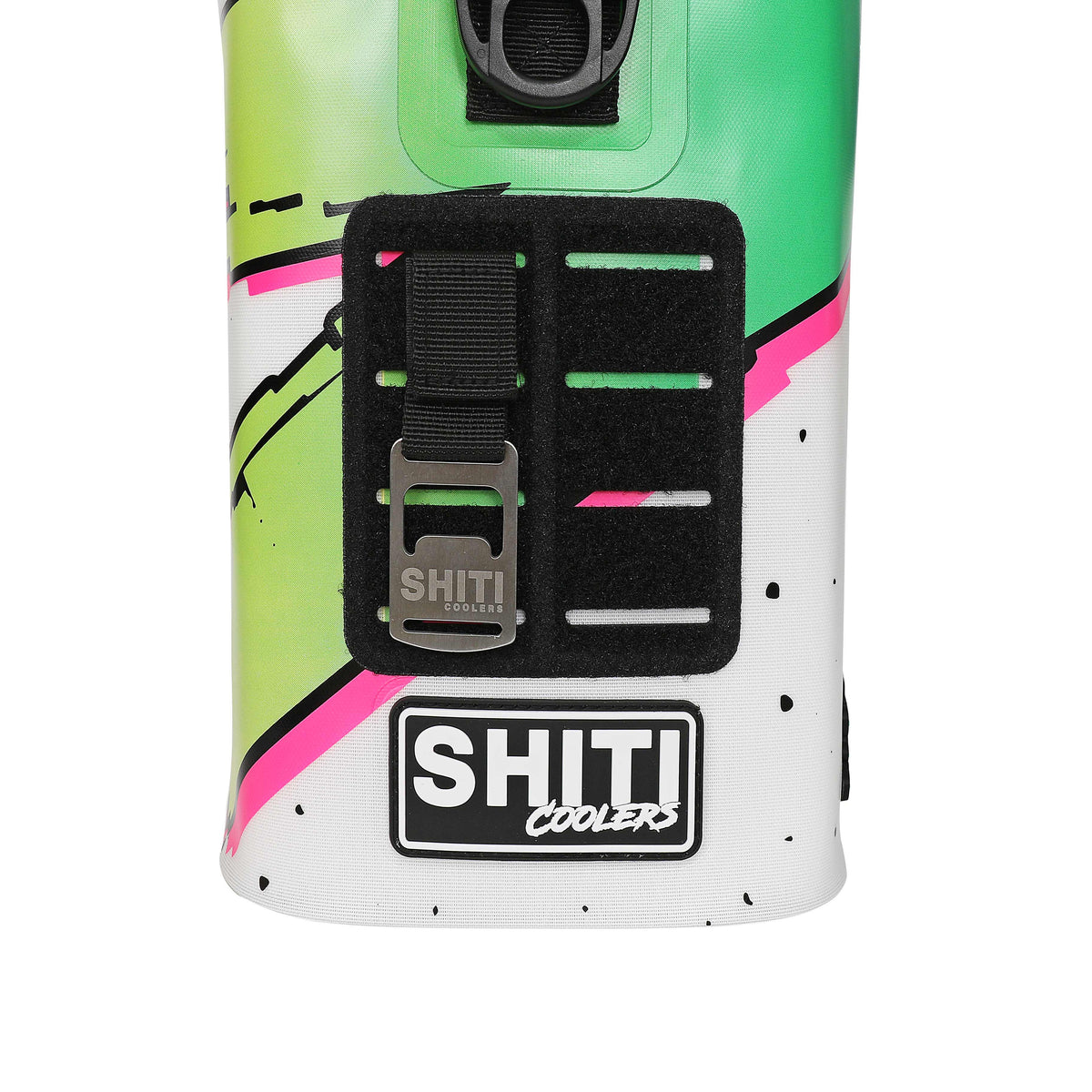 Colorful Boozer Soft Cooler designed to hold 12 cans, featuring a secure buckle and durable exterior.