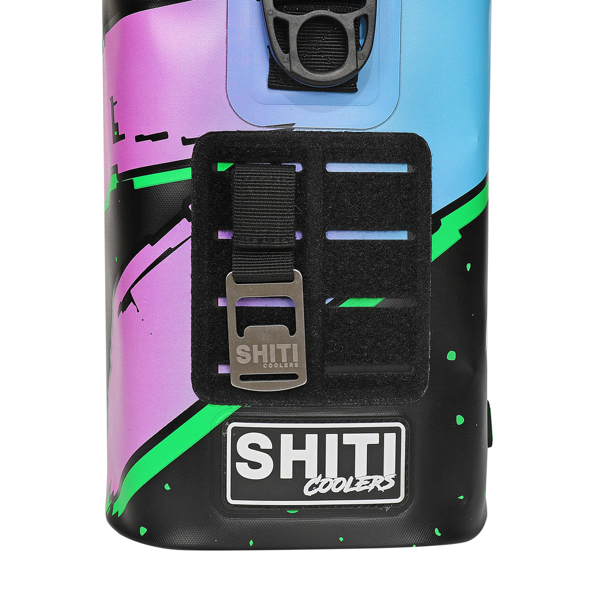 Midnight Rider Soft Cooler featuring a vibrant design, adjustable strap, and SHITI Coolers logo. Holds 12 cans.