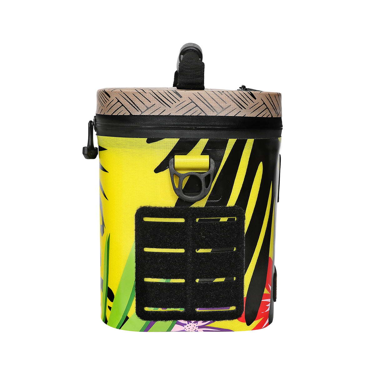 Vibrant yellow soft cooler with tropical design, featuring a secure top closure and a front pocket for storage.