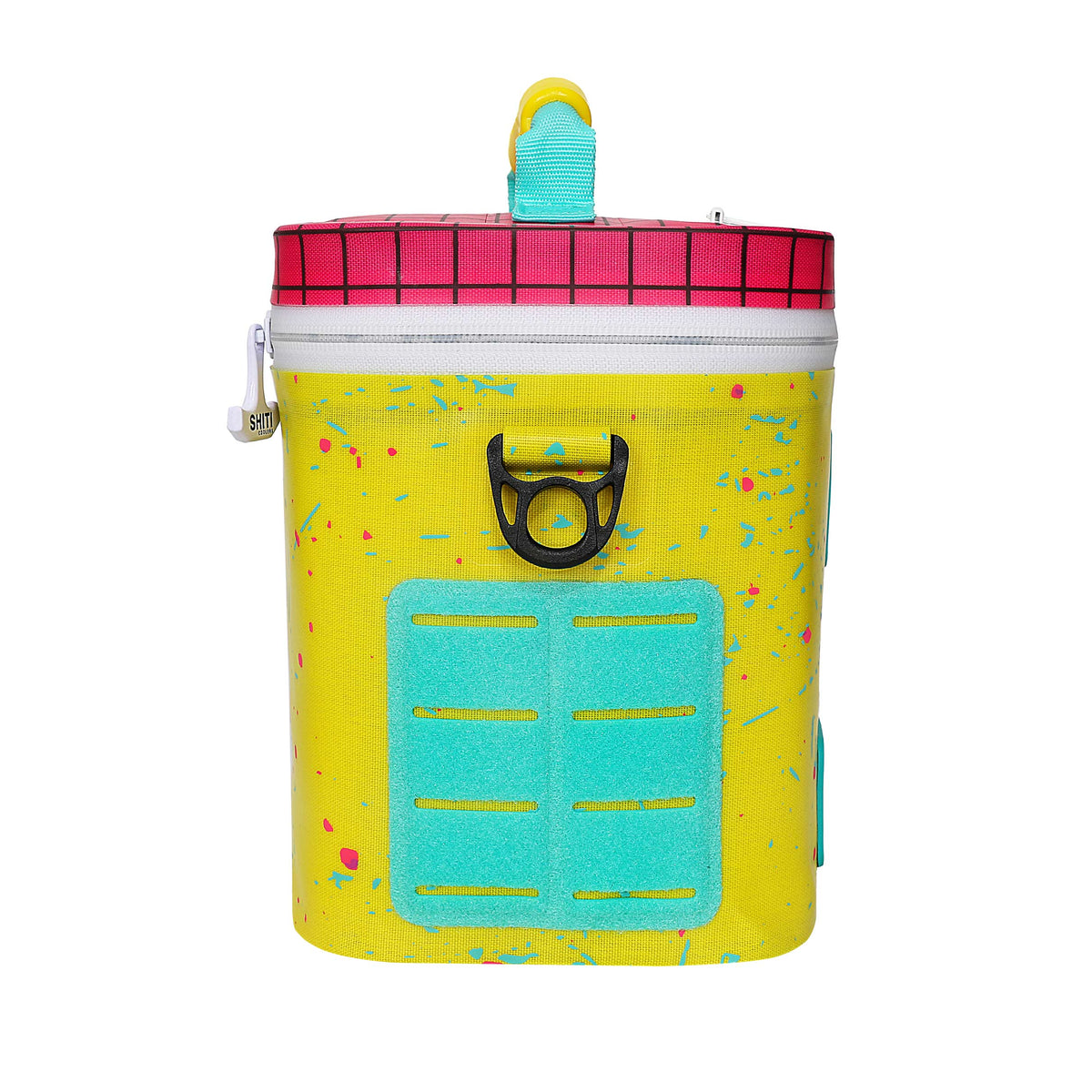Bright yellow soft cooler designed to hold six cans, featuring a colorful lid and a sturdy handle for easy transport.