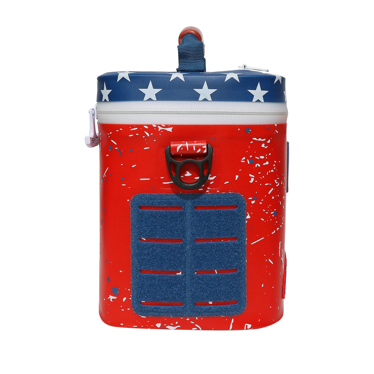 Red and blue Patriot Soft Cooler designed to hold 6 cans, featuring a star-patterned lid and a sturdy handle.