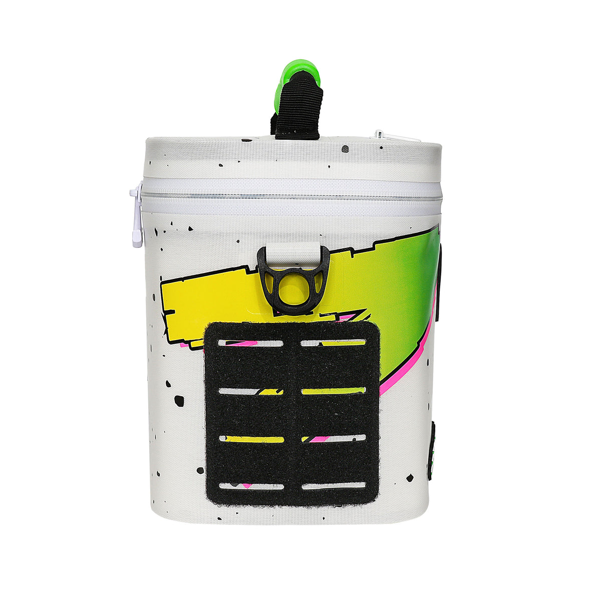 Boozer Soft Cooler in white with colorful graphic design, featuring a zip closure and a front pocket for storage.