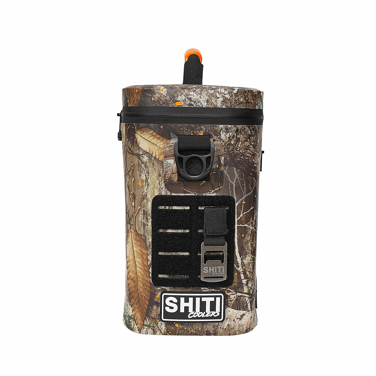 Realtree Soft Cooler in camouflage design, holds 12 cans, featuring a secure closure and adjustable strap for easy transport.