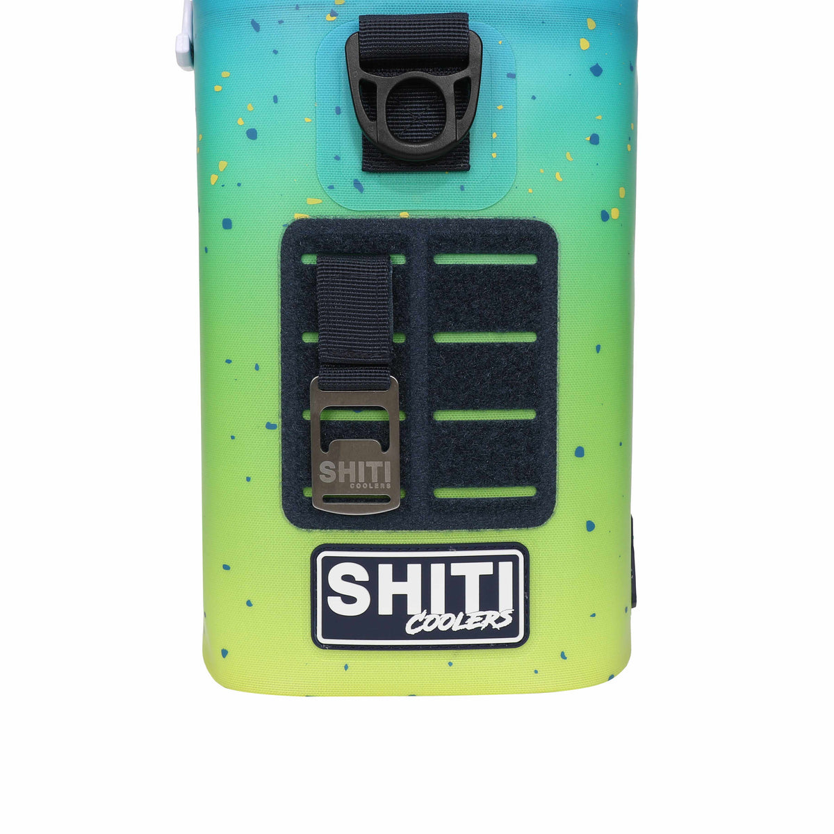 Aquaholic Soft Cooler in vibrant green and blue, featuring a secure strap and a sturdy handle for easy transport.