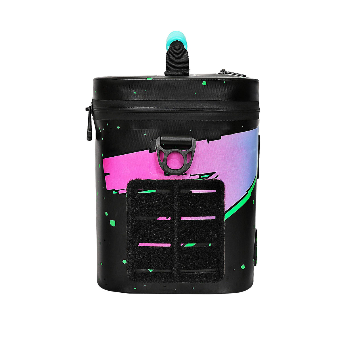 Midnight Rider Soft Cooler in black with vibrant pink and green accents, designed to hold up to 6 cans.