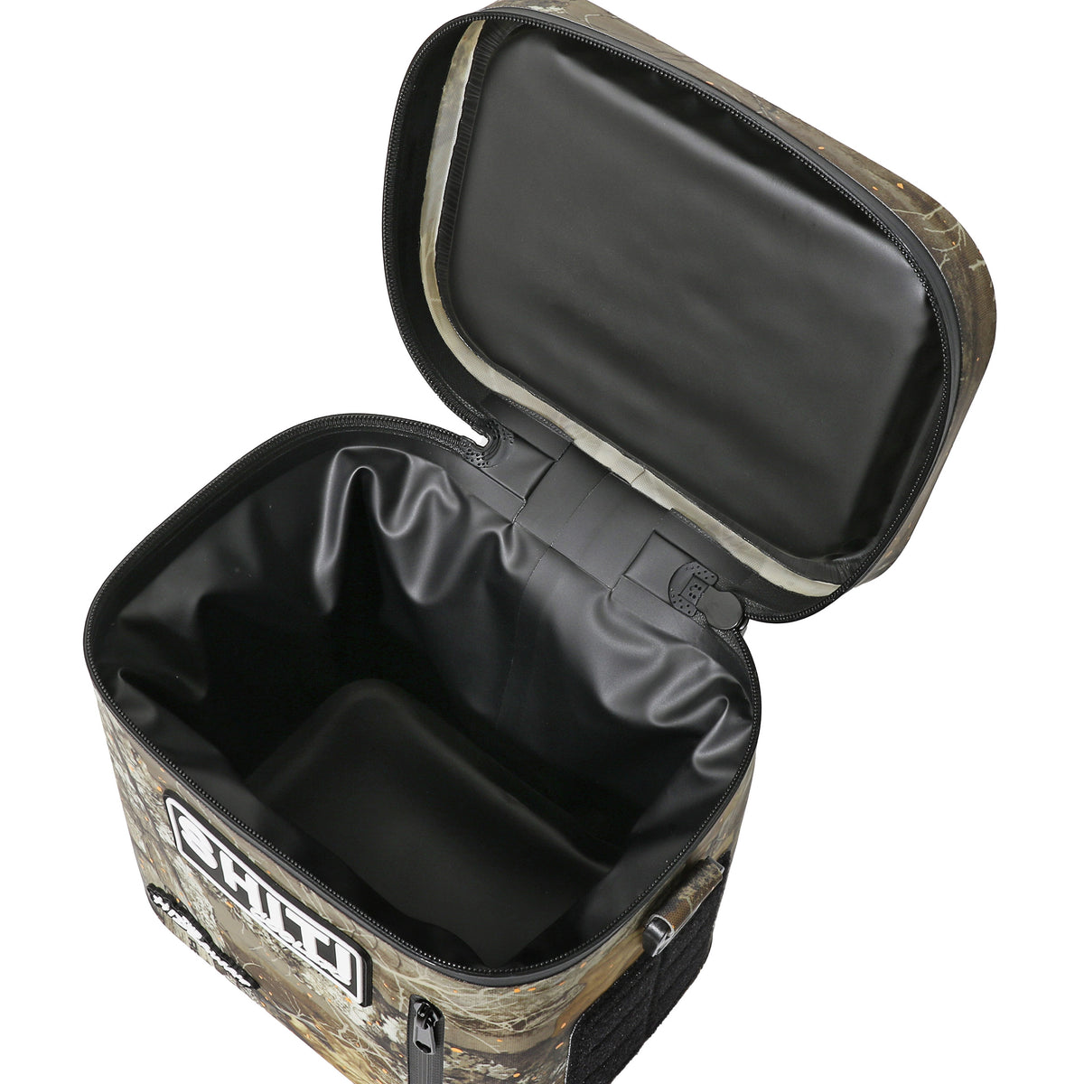Realtree Soft Cooler with a camo exterior and an open top, revealing a spacious, insulated interior for six cans.