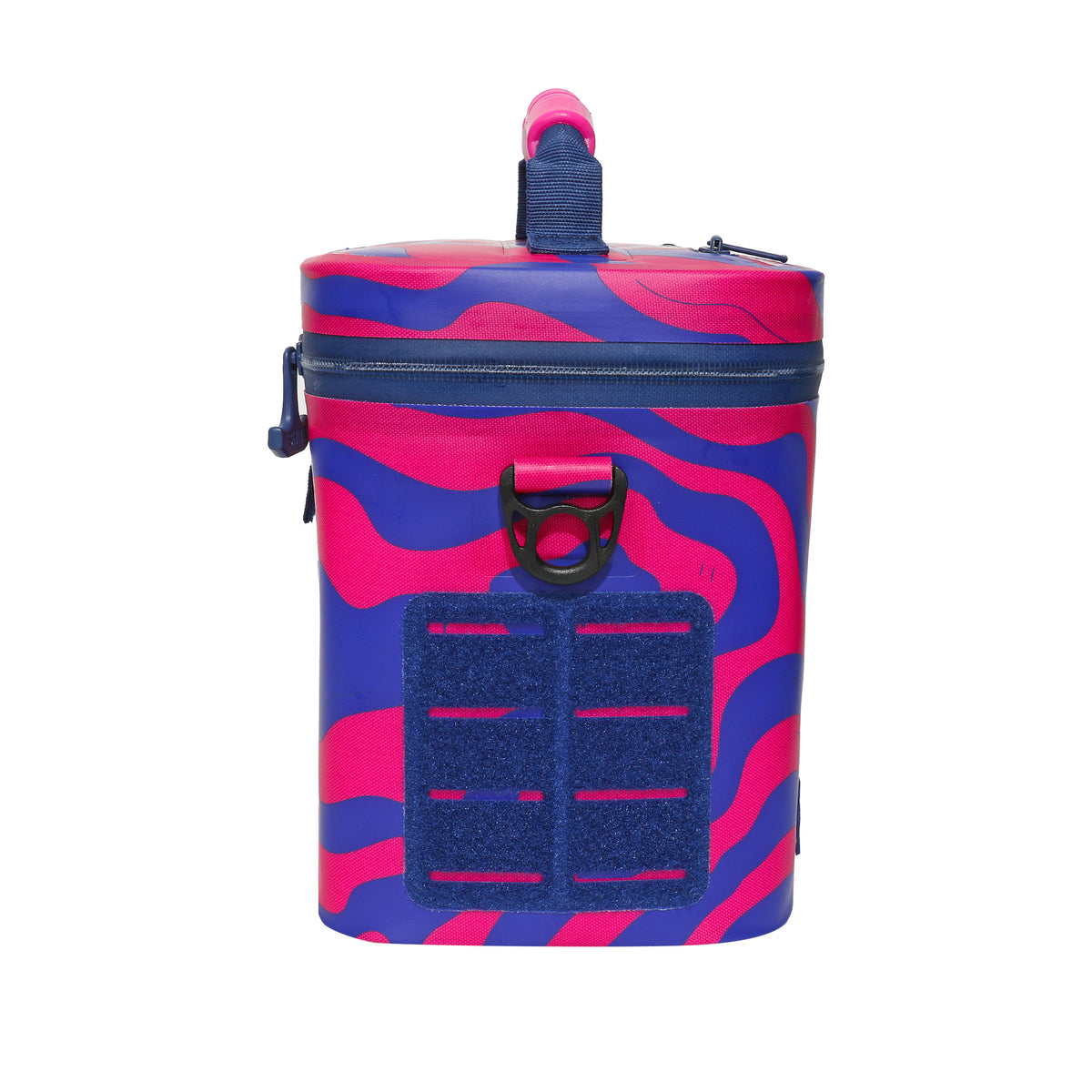 Vibrant Daytripper Soft Cooler in pink and blue, designed to hold 6 cans, featuring a sturdy handle and zipper closure.