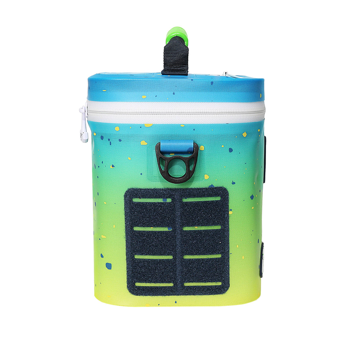 Aquaholic Soft Cooler in vibrant blue and green, designed to hold six cans, featuring a front pocket and sturdy handle.