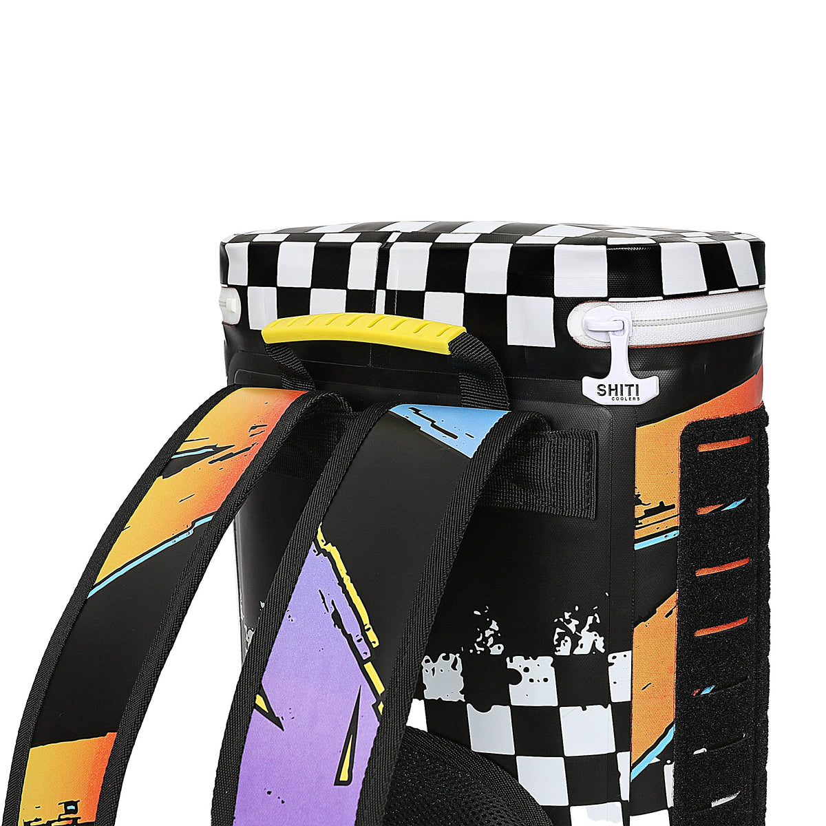 Fueler Backpack Cooler with vibrant graphic design, featuring adjustable straps and a zippered top for easy access.