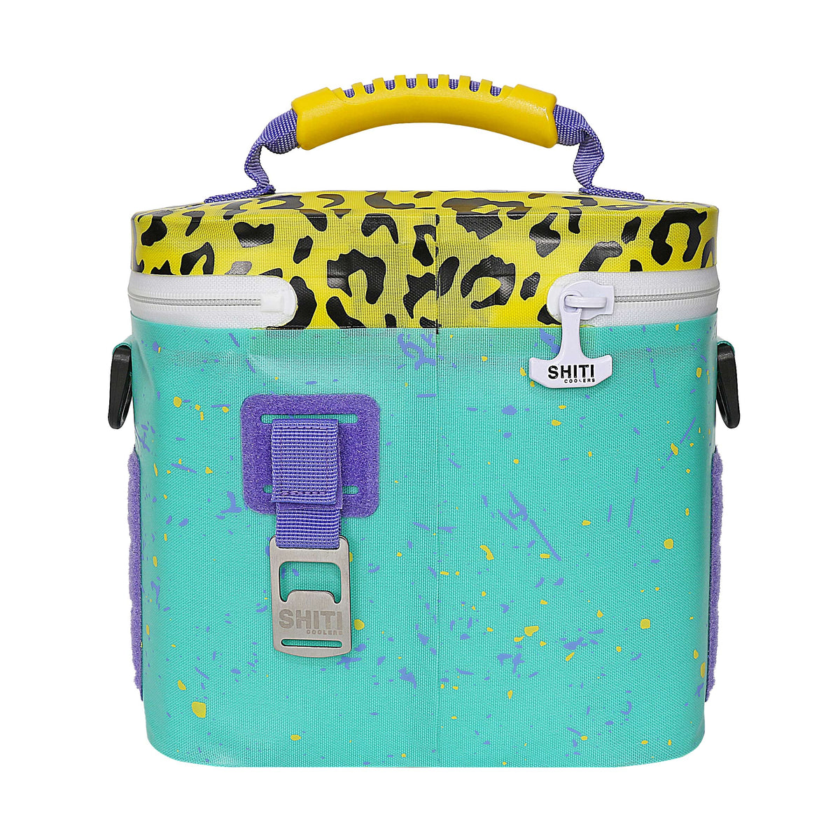 Colorful soft cooler with a leopard print lid and turquoise body, designed to hold six cans. Features a sturdy handle.