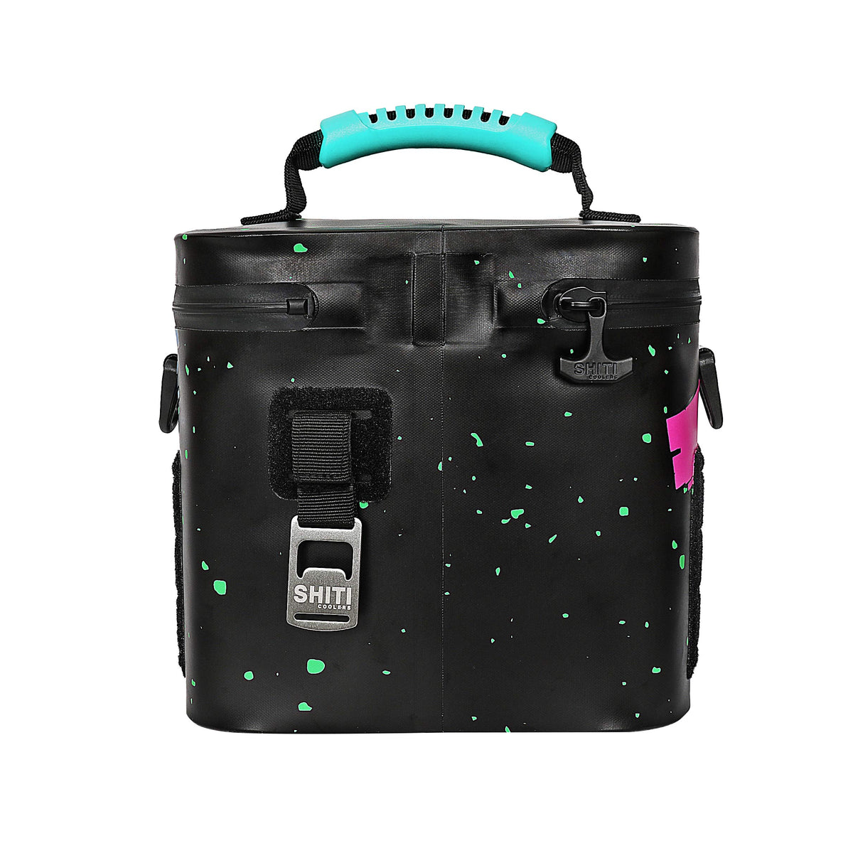 Midnight Rider Soft Cooler in black with green speckles, featuring a sturdy handle and front buckle for secure closure.