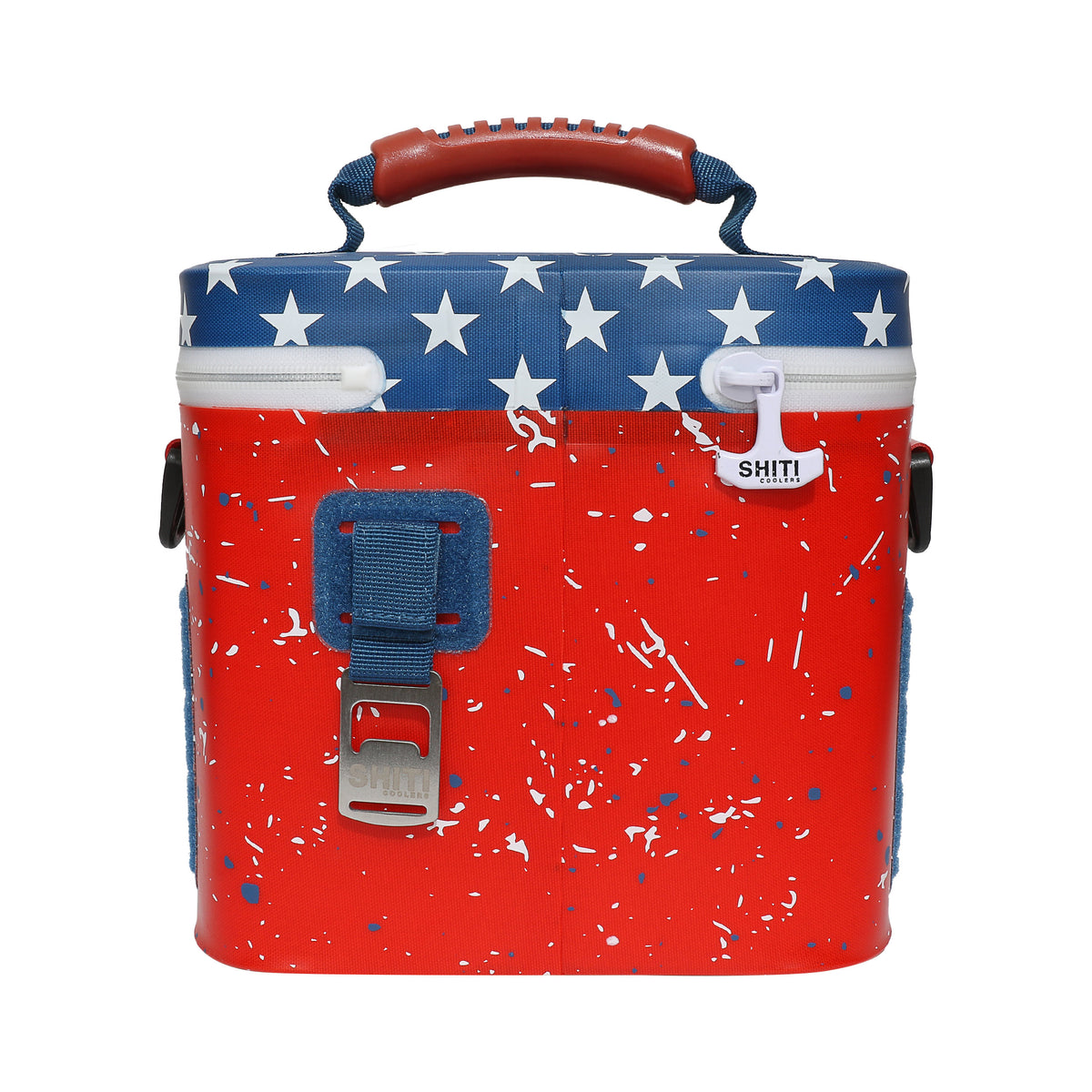 Patriot Soft Cooler - 6 Can features a red and blue design with white stars, ideal for keeping beverages cold on the go.