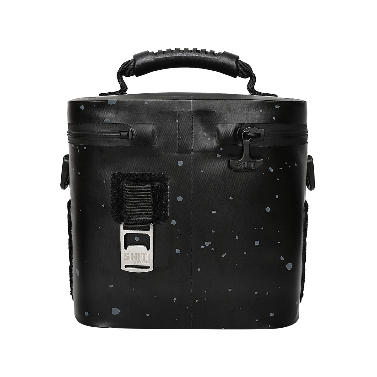 Blackout Soft Cooler in black with speckled design, featuring a sturdy handle and front buckle closure for secure transport.