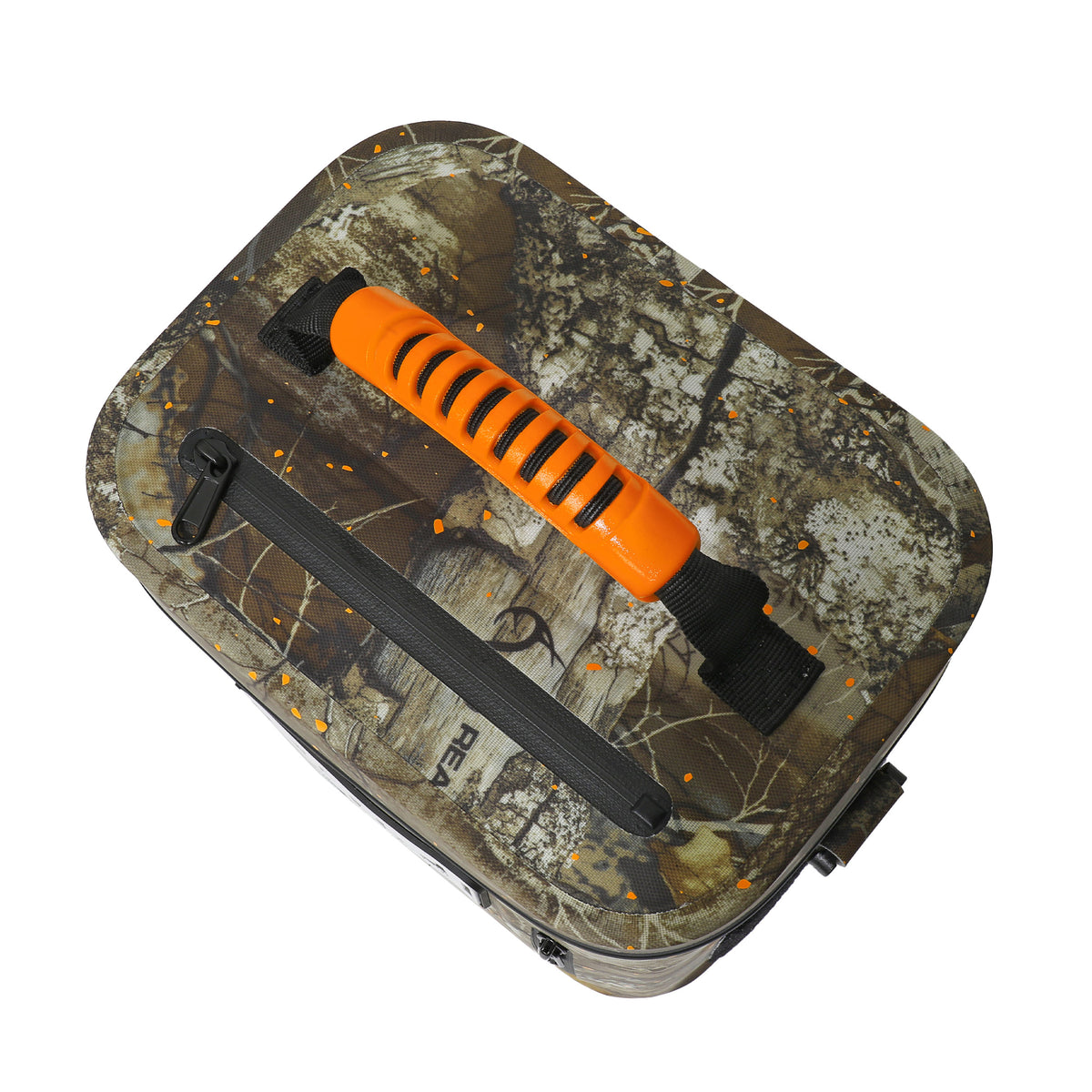 Realtree Soft Cooler for 6 cans featuring a camo design and an orange handle for easy transport. Ideal for outdoor use.