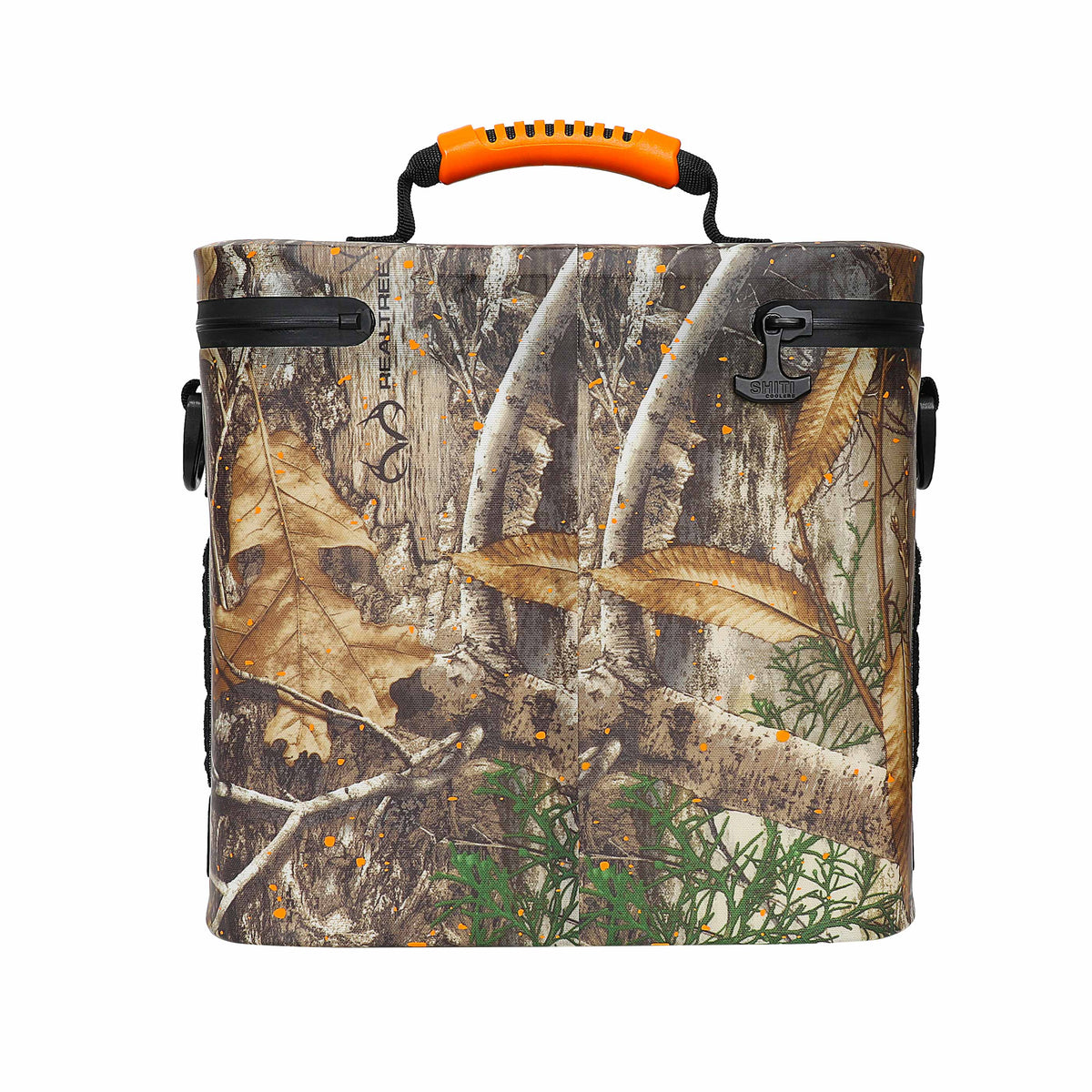 Realtree Soft Cooler designed for 12 cans, featuring a camouflage pattern with leaves and branches for outdoor use.