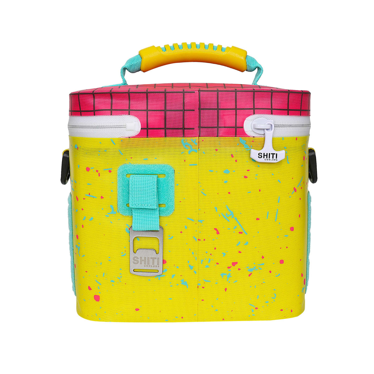 Vibrant yellow and pink soft cooler with a grid pattern, designed to hold six cans, featuring a sturdy handle and secure closure.