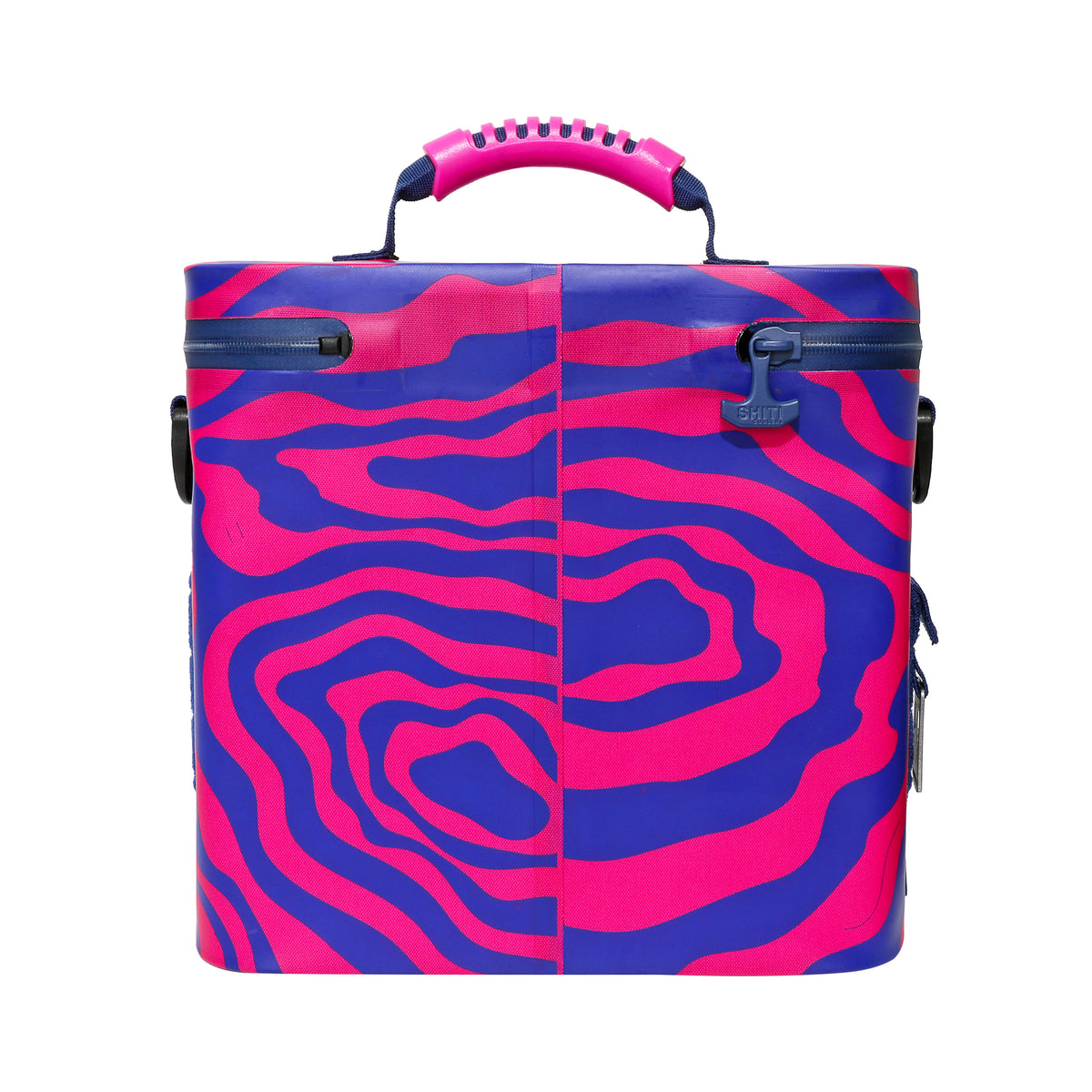 Brightly colored Daytripper Soft Cooler in pink and blue with a wavy pattern, designed to hold 12 cans.