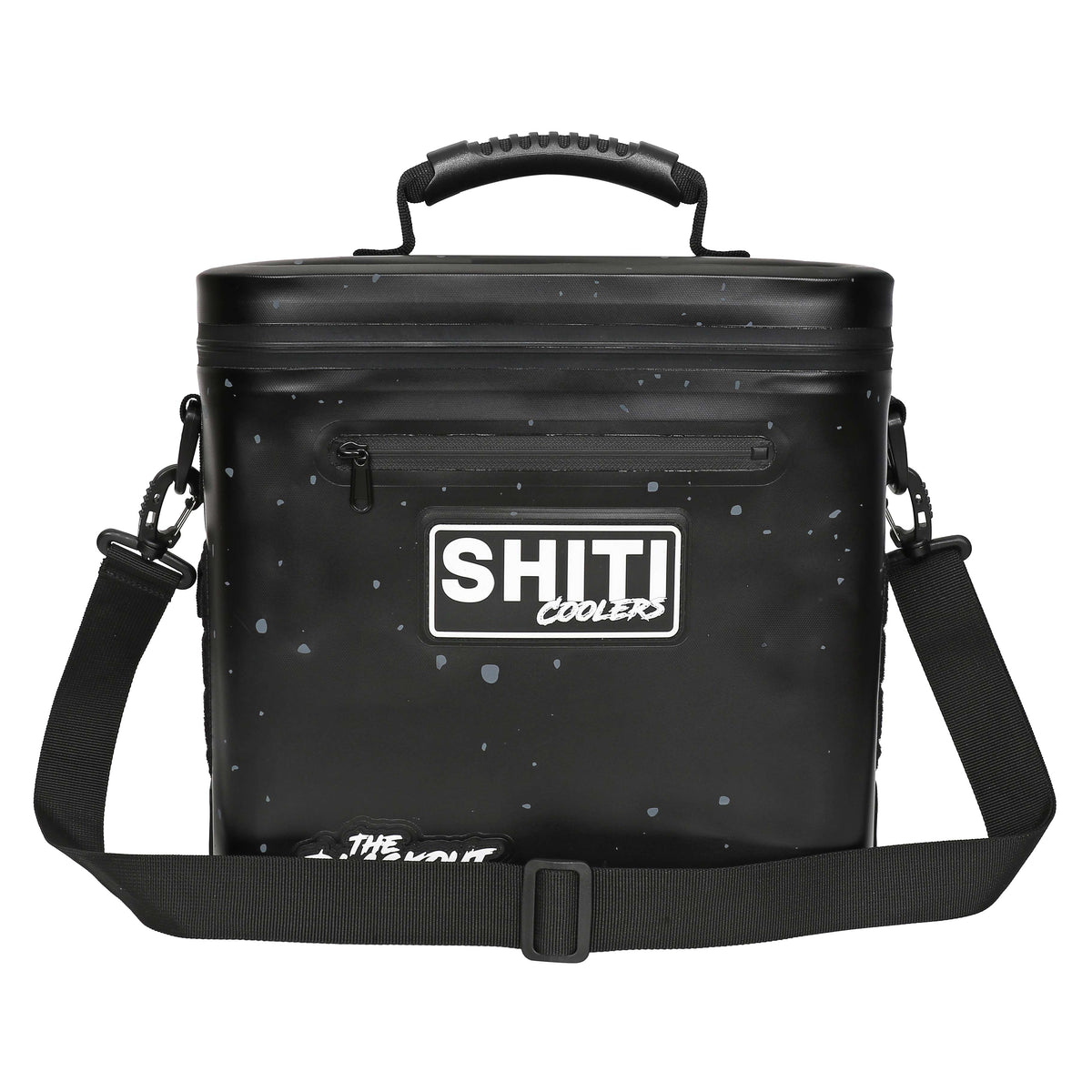 Blackout Soft Cooler in black, designed to hold 12 cans, featuring a sturdy handle and adjustable shoulder strap.
