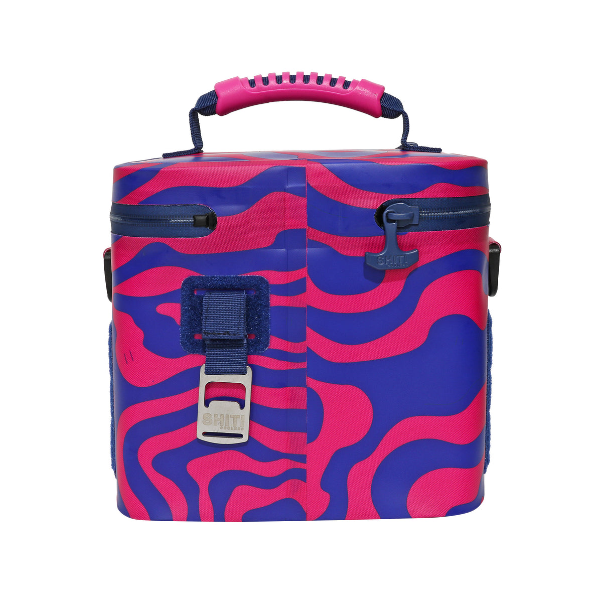 Vibrant pink and blue patterned Daytripper Soft Cooler designed to hold six cans, featuring a sturdy handle and zippers.