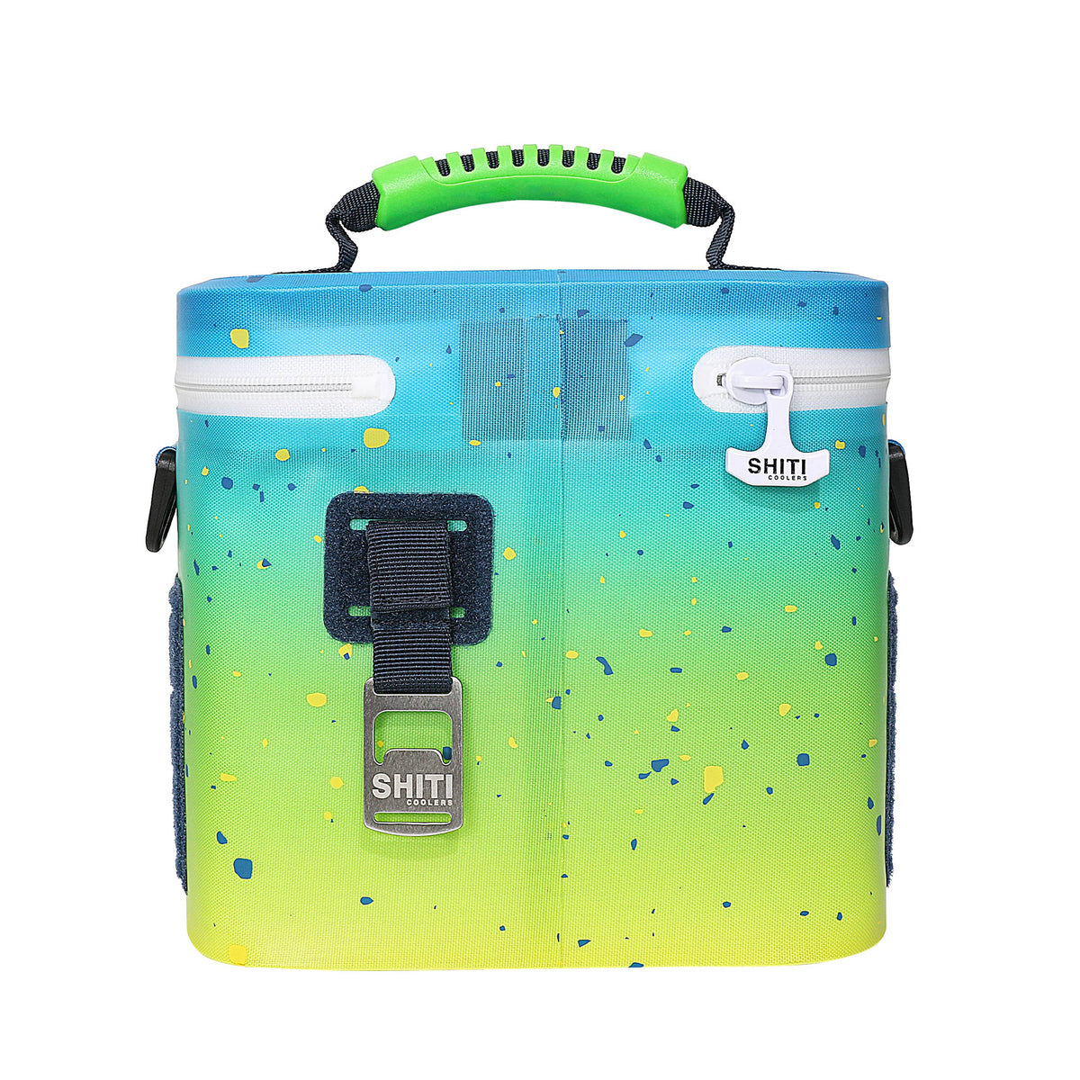 Aquaholic Soft Cooler in vibrant blue and green with a speckled design, featuring a sturdy handle and secure zipper.