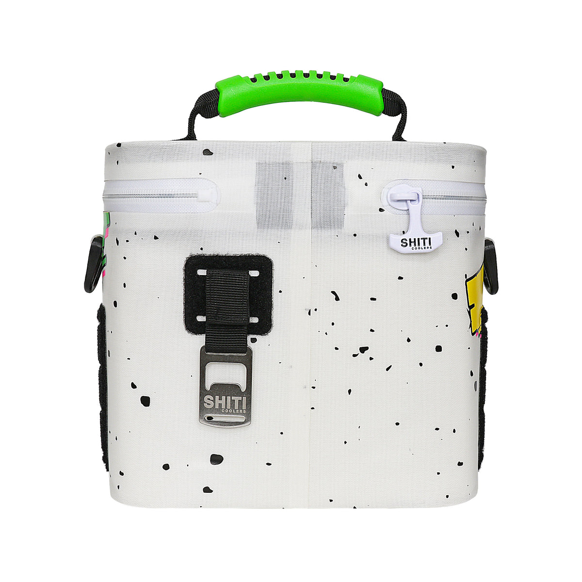 Boozer Soft Cooler in white with colorful splatter design, featuring a green handle and zippered closure for six cans.