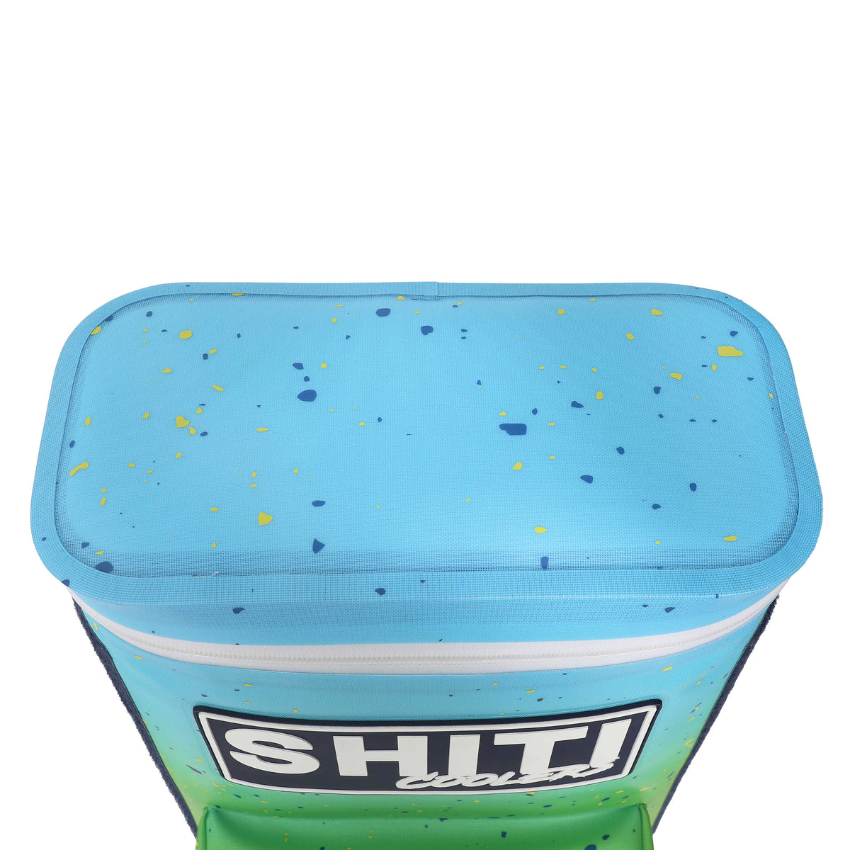 Top view of the Aquaholic Backpack Cooler featuring a colorful speckled design, ideal for carrying 15 cans.