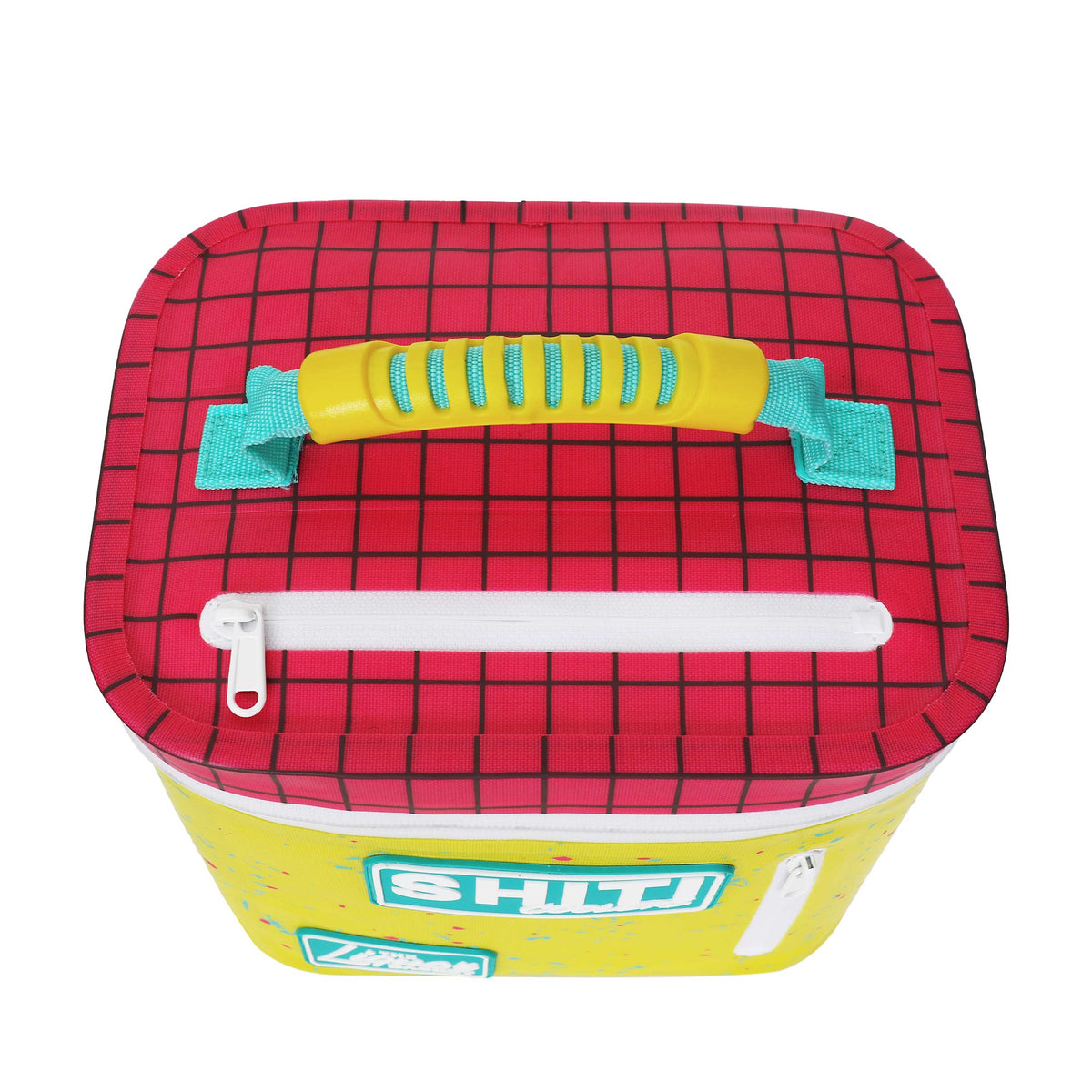 Top view of a vibrant yellow soft cooler with a red grid pattern, featuring a yellow handle and zippers for easy access.