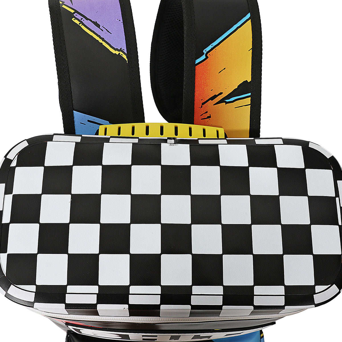 Top view of the Fueler Backpack Cooler featuring a checkered pattern and colorful straps, designed to hold 15 cans.