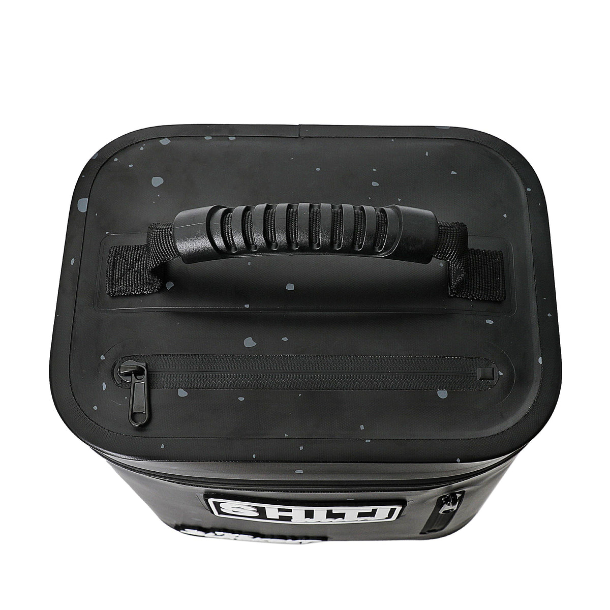 Top view of a Blackout Soft Cooler designed to hold 6 cans, featuring a sturdy handle and a sleek black design with speckles.
