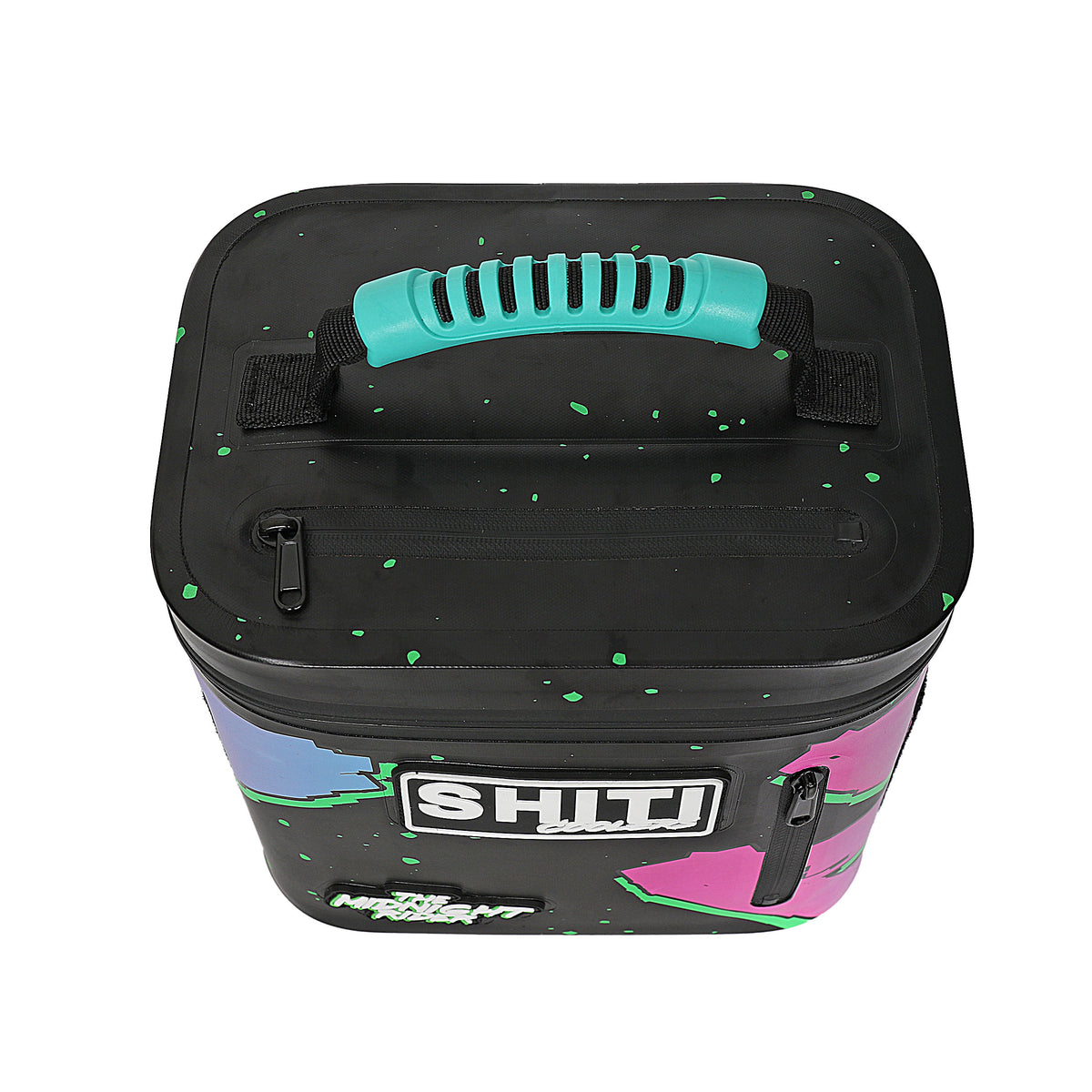Black soft cooler with colorful splatter design, featuring a sturdy handle and a zippered top, designed to hold 6 cans.