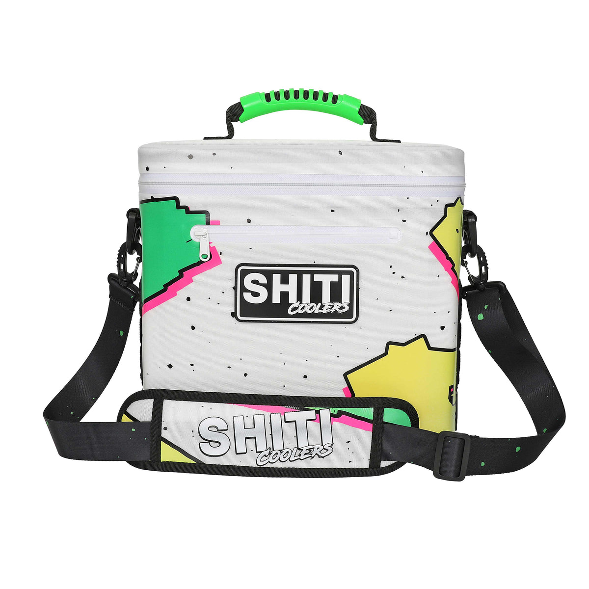Boozer Soft Cooler in white with colorful geometric designs, holds 12 cans, features a shoulder strap and sturdy handle.