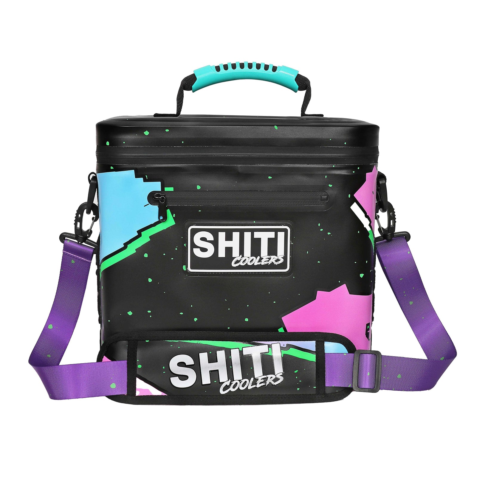 Midnight Rider Soft Cooler in black with colorful geometric patterns, featuring a handle and adjustable shoulder strap.