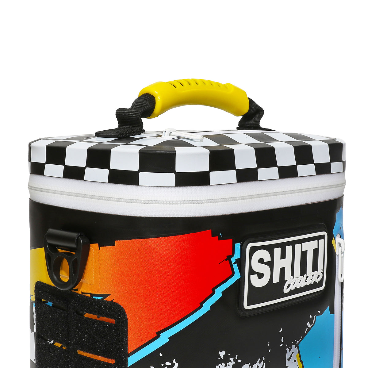 Soft cooler designed to hold six cans, featuring a vibrant graphic design and a sturdy yellow handle for easy transport.