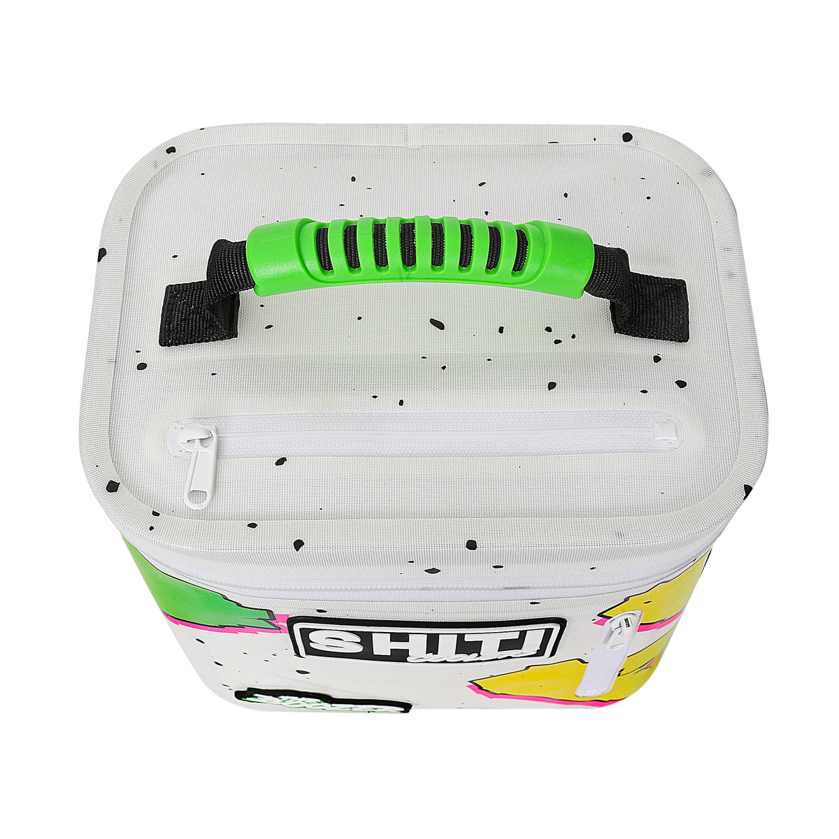 Boozer Soft Cooler in white with colorful designs, featuring a green handle and zippered top for easy access.