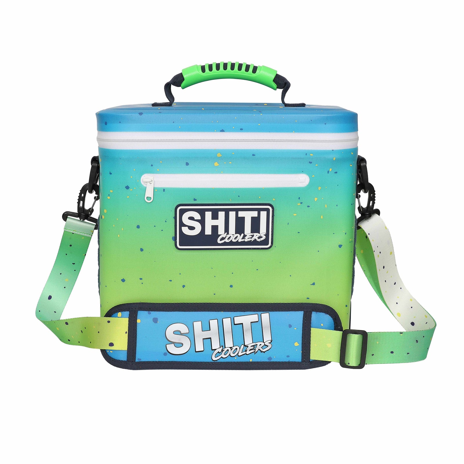 Aquaholic Soft Cooler in gradient blue and green design, holds 12 cans, features adjustable strap and front pocket.