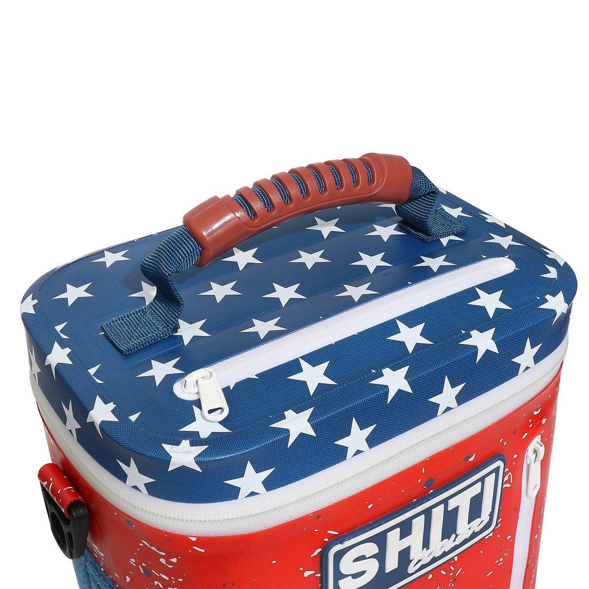 Patriot Soft Cooler with a blue star-patterned lid and red body, featuring a sturdy handle and zipper closure.