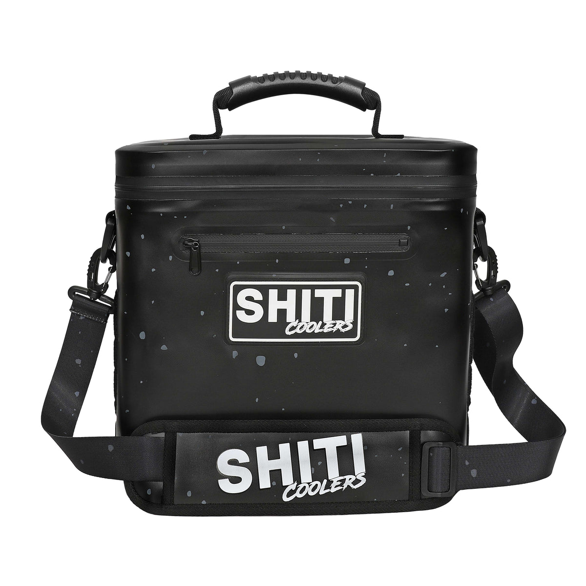 Durable black soft cooler designed to hold 12 cans, featuring a sturdy handle and adjustable shoulder strap.