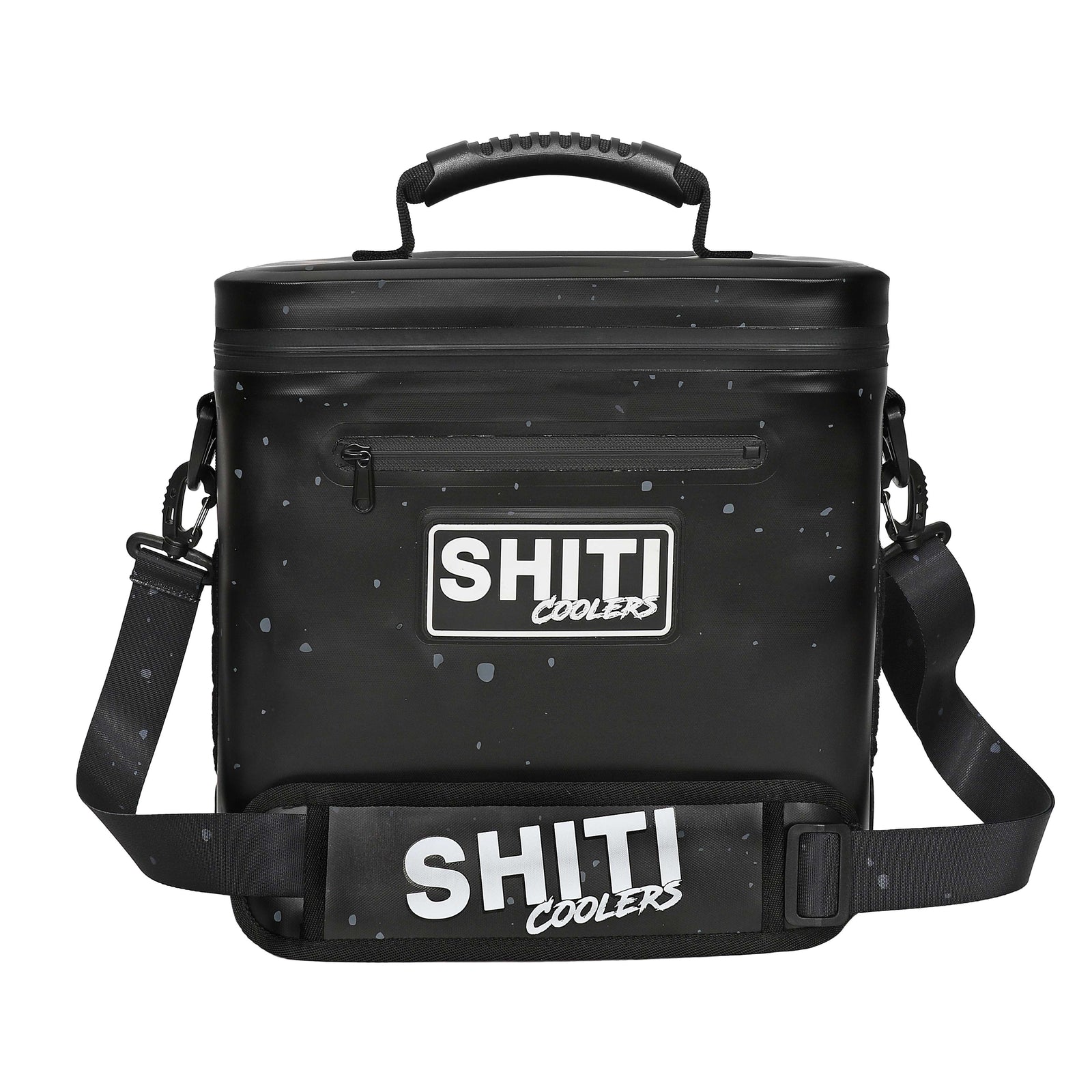 Durable black soft cooler designed to hold 12 cans, featuring a sturdy handle and adjustable shoulder strap.