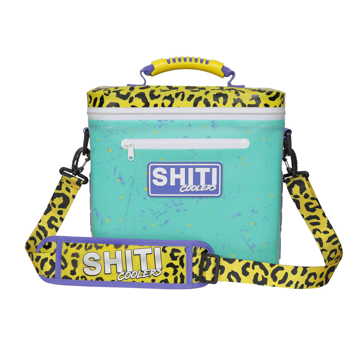 Vibrant teal soft cooler with leopard print accents, designed to hold 12 cans, featuring a shoulder strap and front pocket.
