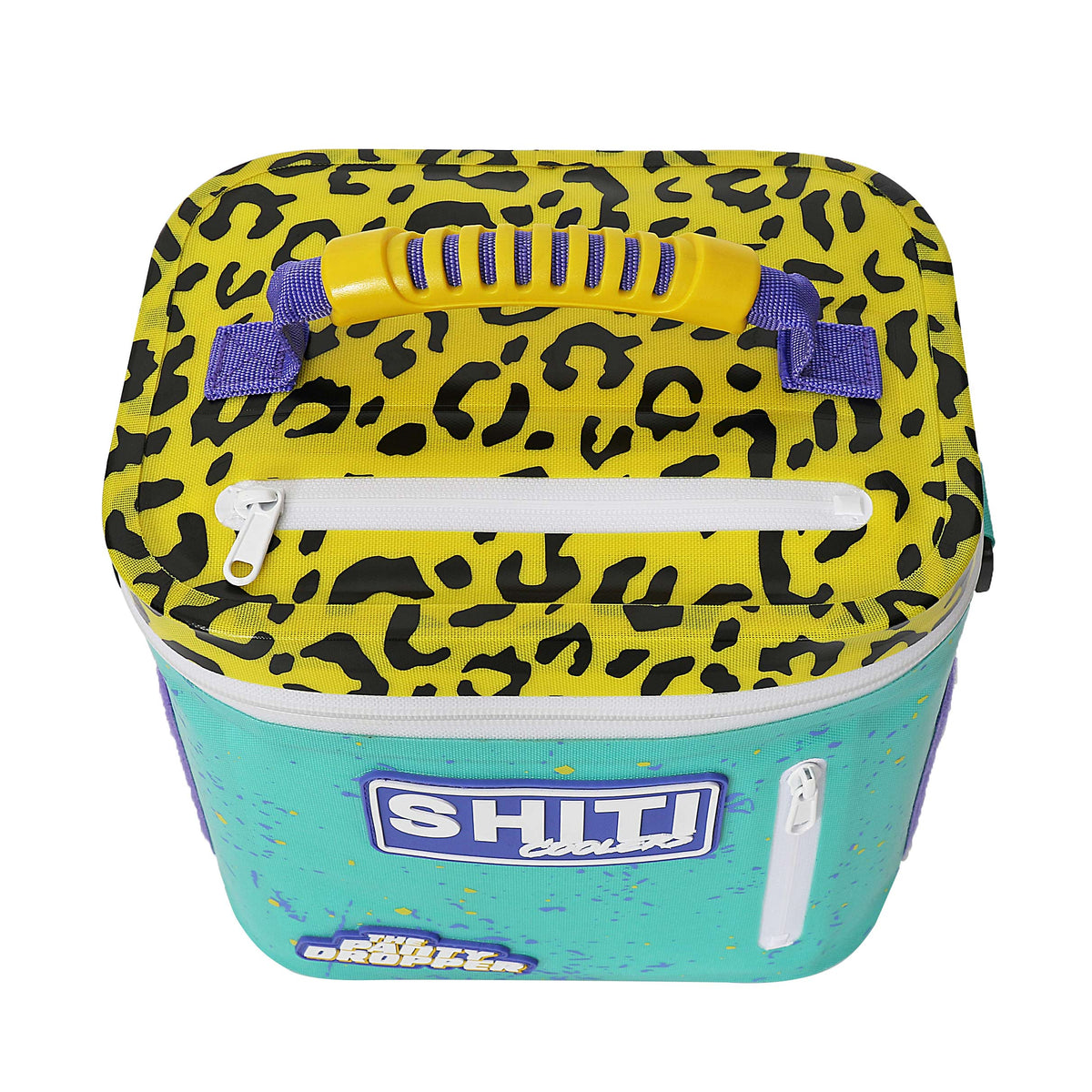 Colorful Panty Dropper Soft Cooler with leopard print, yellow handle, and zippered compartments, designed for six cans.