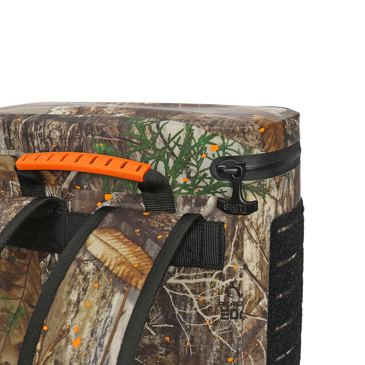 Realtree Backpack Cooler featuring a camouflage design, adjustable straps, and an orange handle for easy carrying.