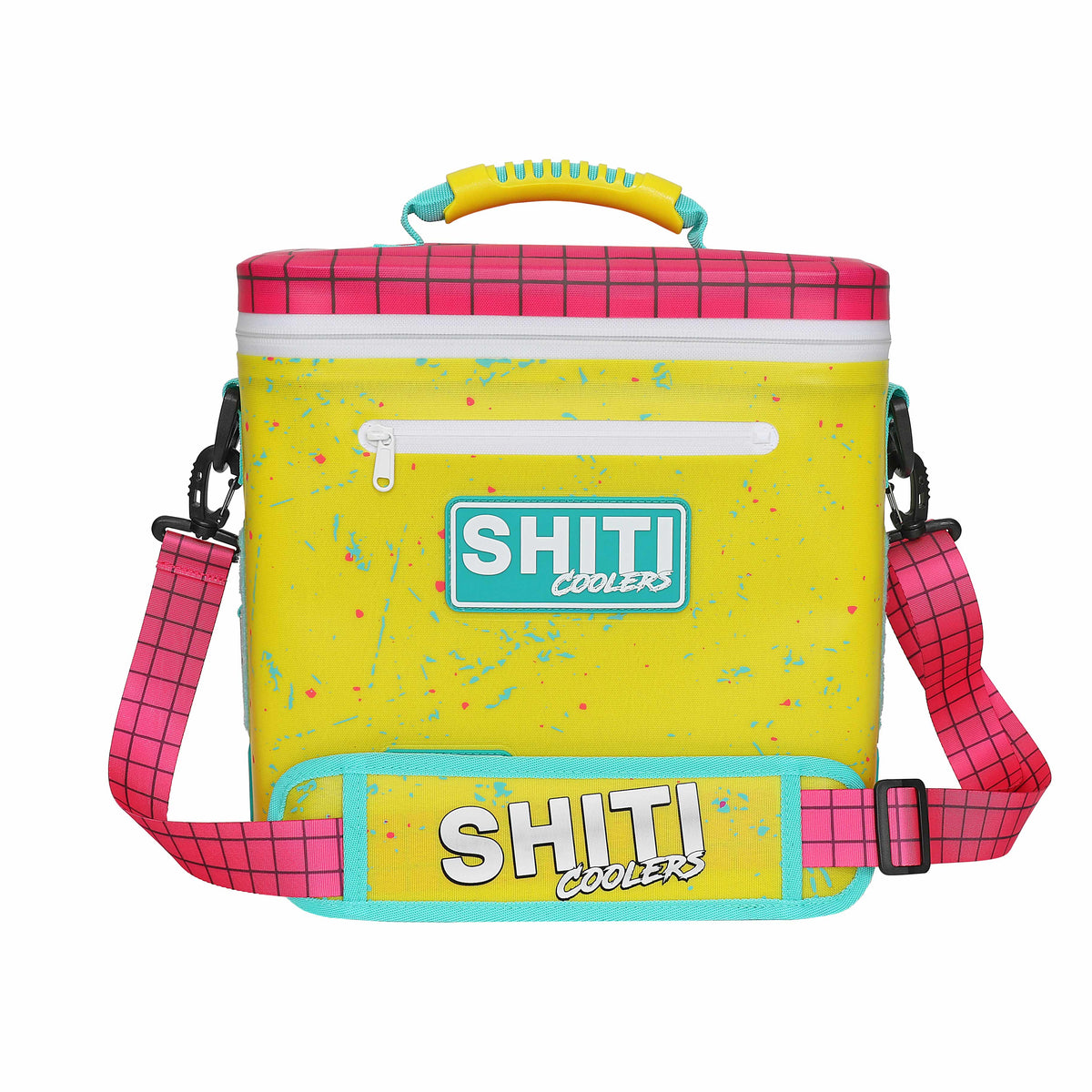 Bright yellow soft cooler with pink accents, designed to hold 12 cans, featuring a shoulder strap and bold logo.