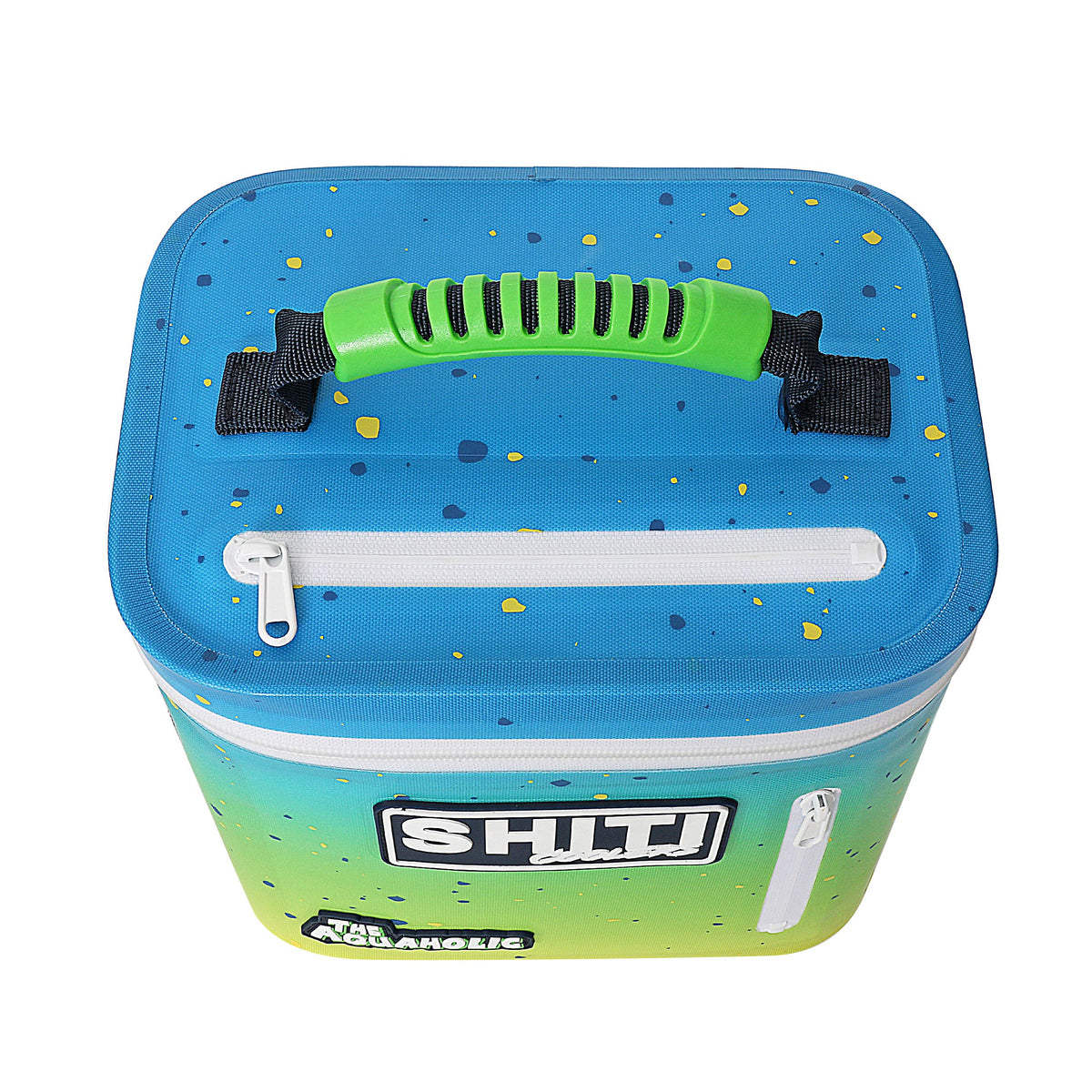 Top view of the SHITI Aquaholic Soft Cooler in blue and green, featuring a sturdy handle and zippered compartments for six cans.