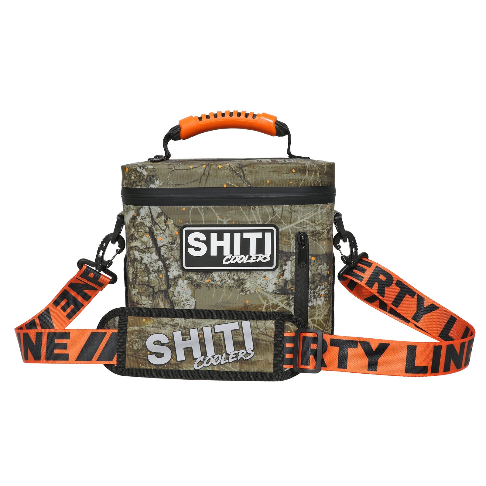 Realtree Soft Cooler designed for 6 cans, featuring a camouflage pattern and adjustable shoulder strap for easy transport.