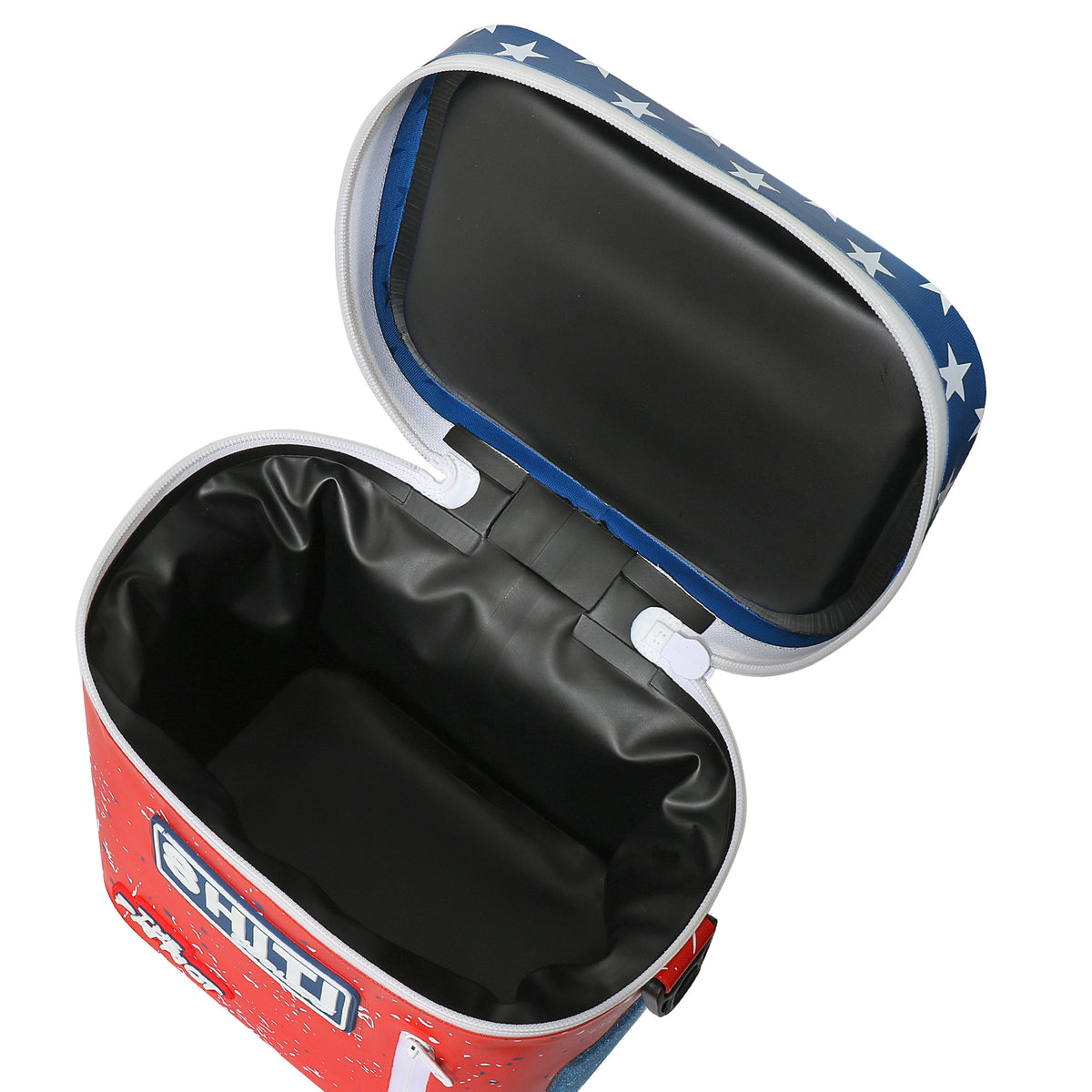 Patriot Soft Cooler - 6 Can with a red, white, and blue design, featuring an open lid and a spacious interior.
