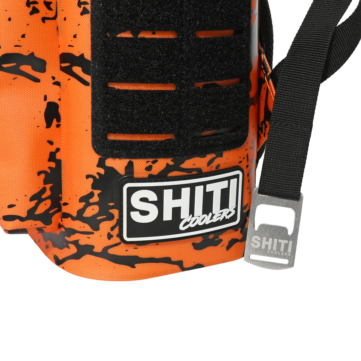 Orange Tracker Backpack Cooler with a 15-can capacity, featuring a durable design and SHITI Coolers branding.