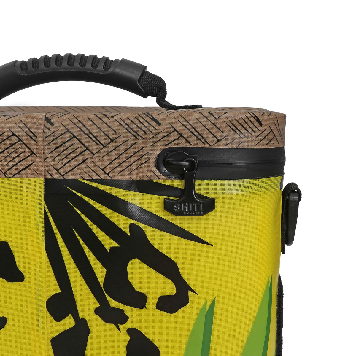 Close-up of the Getaway Soft Cooler featuring a vibrant yellow design with tropical patterns and a sturdy zipper.