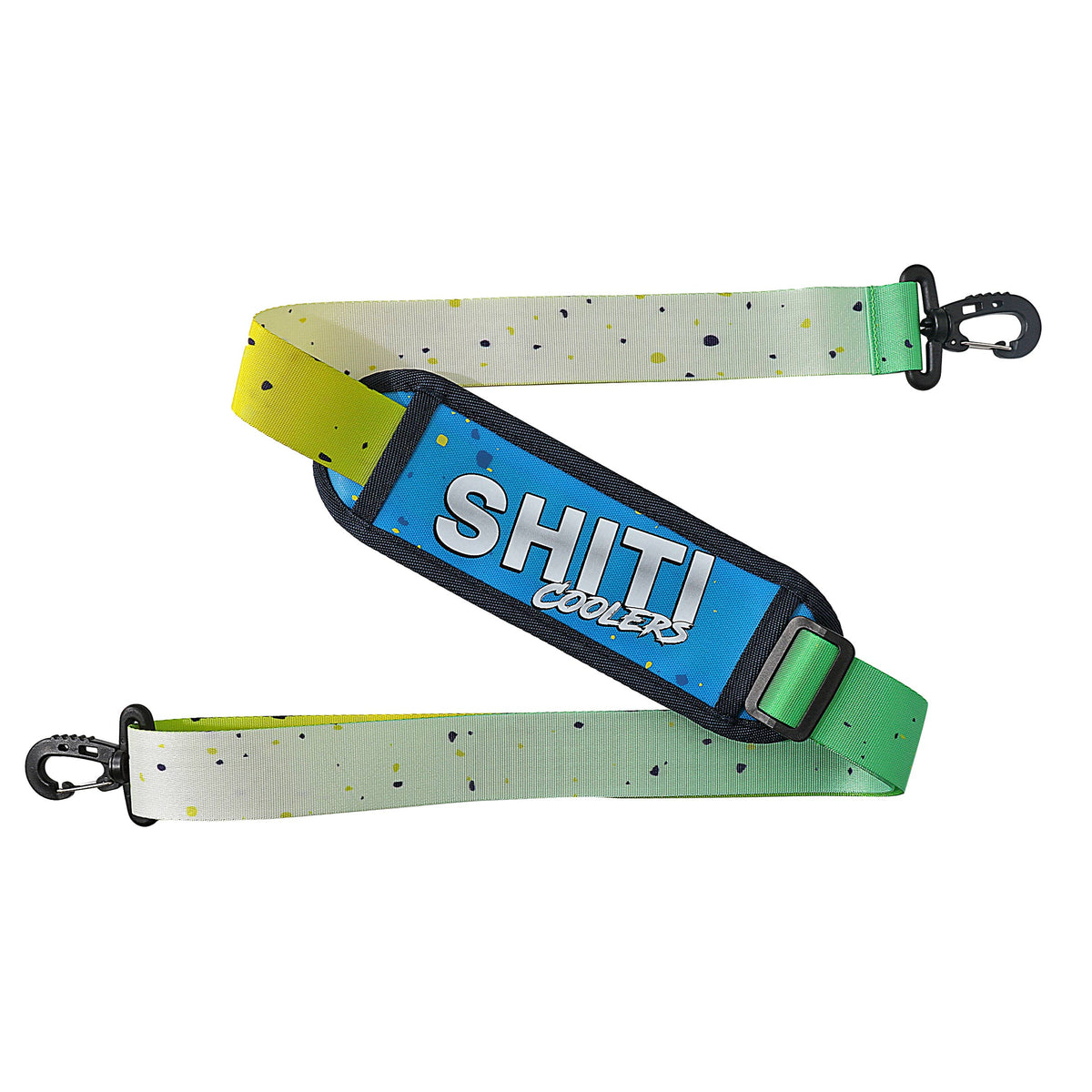 Colorful adjustable strap for the Aquaholic Soft Cooler, featuring the SHITI Coolers logo and a playful design.