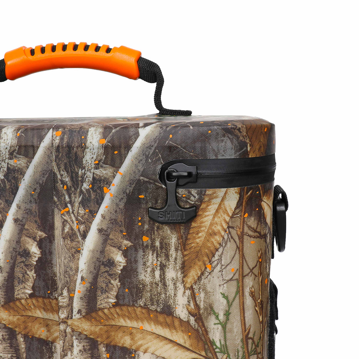 Realtree Soft Cooler with 12 can capacity, featuring a camouflage design and an orange handle for easy transport.
