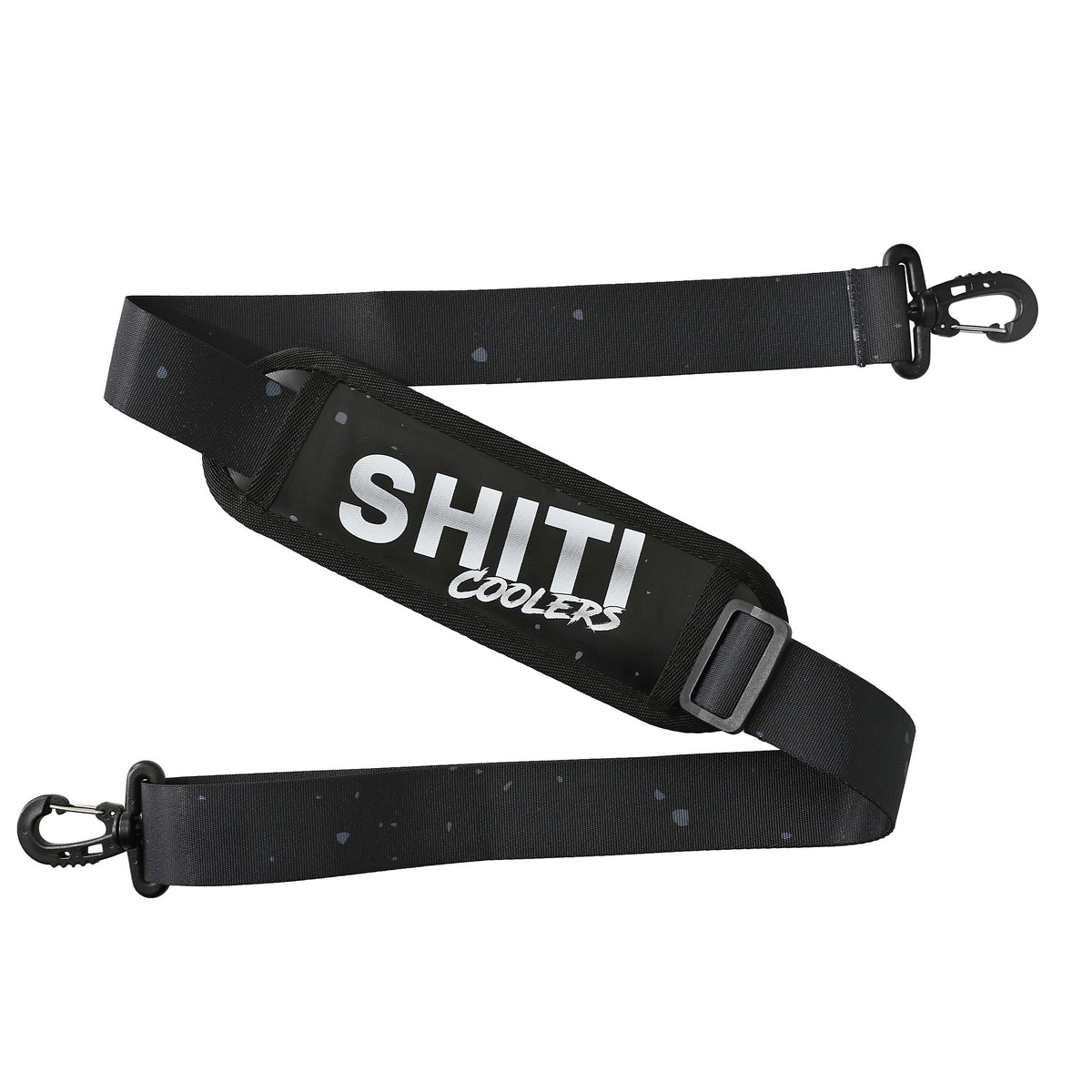 Blackout Soft Cooler strap featuring a durable design with SHITI Coolers branding and adjustable clips for easy carrying.